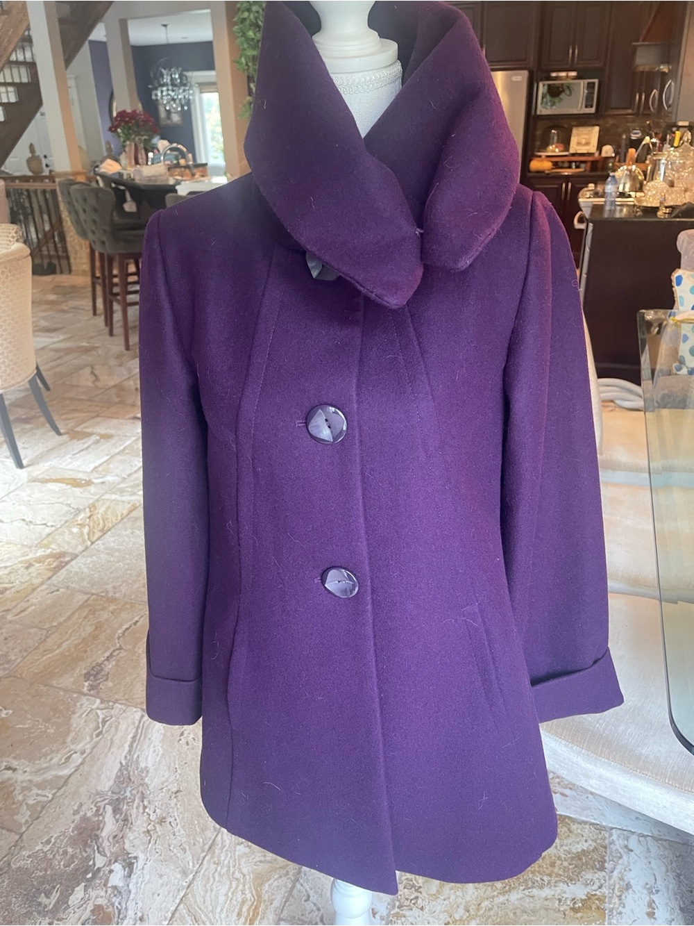 1 Madison Deep Purple Wool Pea Coat with Funnel Collar
